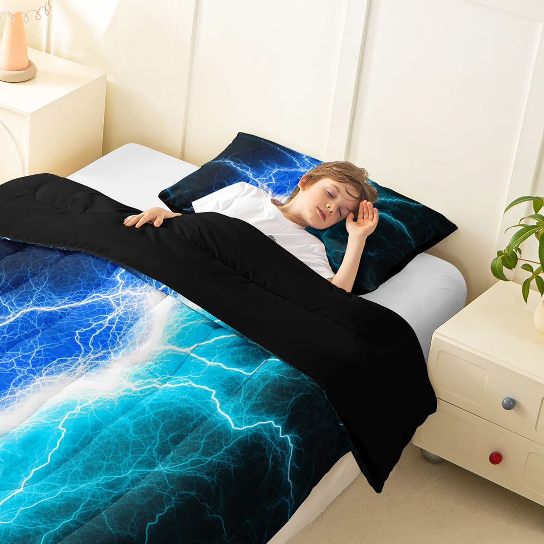 meiyoeat Neon Lightning Pattern Full Size Comforter Sets for Boys, Electric Blue Teal Print Bedding Sets, Black Reversible 3pcs, 1 Comforter and 2 Pillowcases