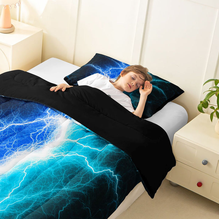 meiyoeat Neon Lightning Pattern Full Size Comforter Sets for Boys, Electric Blue Teal Print Bedding Sets, Black Reversible 3pcs, 1 Comforter and 2 Pillowcases