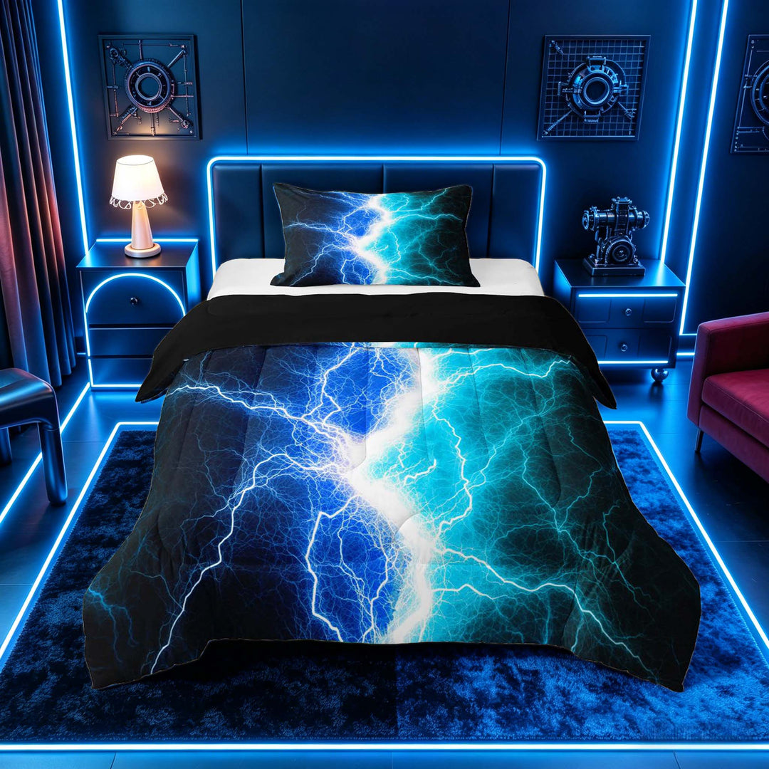 meiyoeat Neon Lightning Pattern Full Size Comforter Sets for Boys, Electric Blue Teal Print Bedding Sets, Black Reversible 3pcs, 1 Comforter and 2 Pillowcases