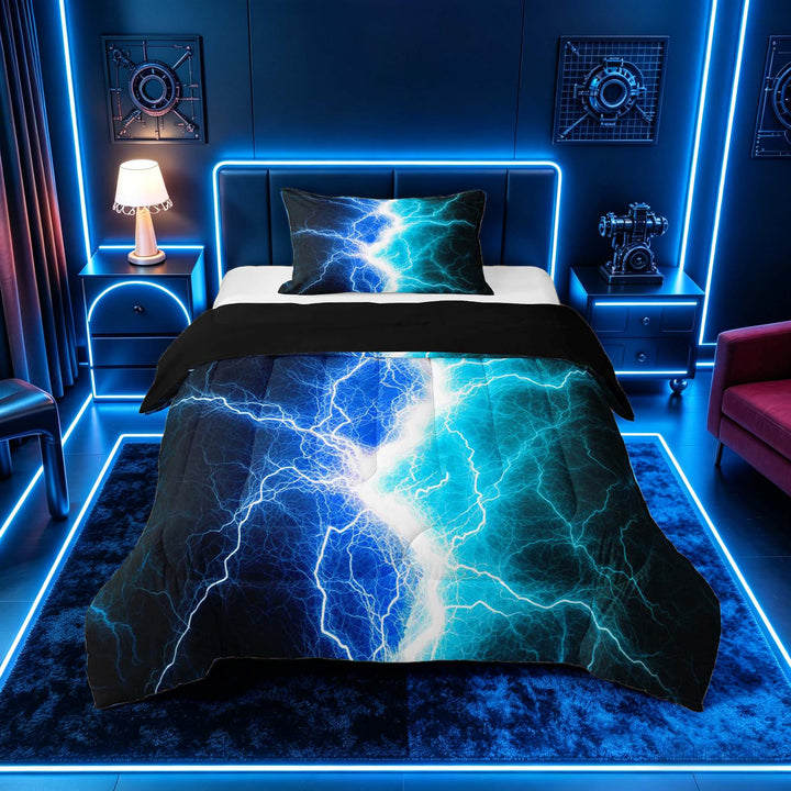 meiyoeat Neon Lightning Pattern Full Size Comforter Sets for Boys, Electric Blue Teal Print Bedding Sets, Black Reversible 3pcs, 1 Comforter and 2 Pillowcases