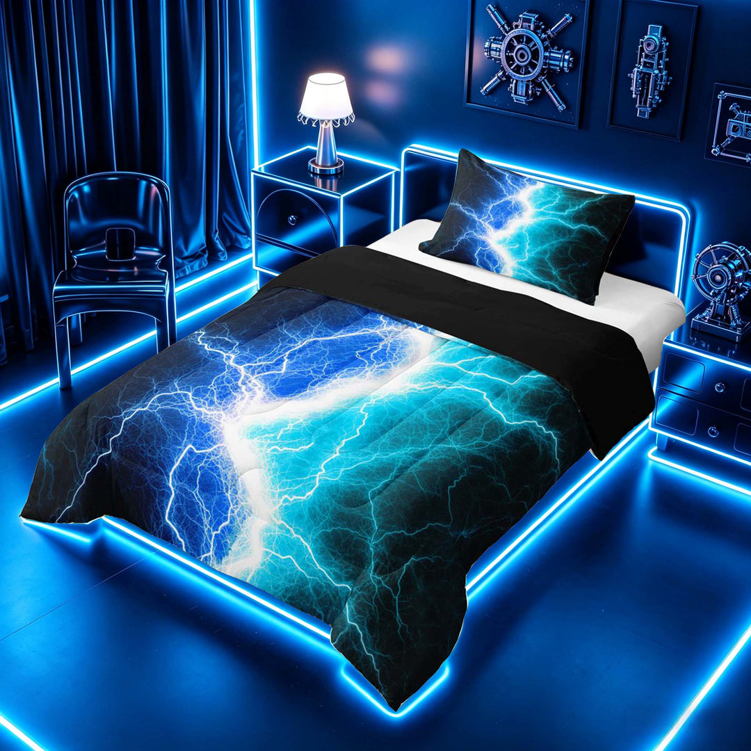 meiyoeat Neon Lightning Pattern Full Size Comforter Sets for Boys, Electric Blue Teal Print Bedding Sets, Black Reversible 3pcs, 1 Comforter and 2 Pillowcases