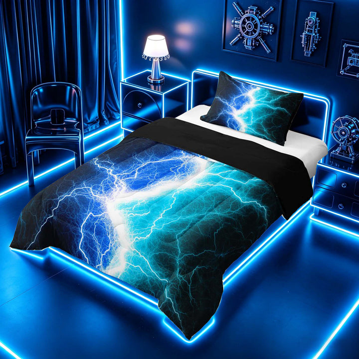 meiyoeat Neon Lightning Pattern Full Size Comforter Sets for Boys, Electric Blue Teal Print Bedding Sets, Black Reversible 3pcs, 1 Comforter and 2 Pillowcases
