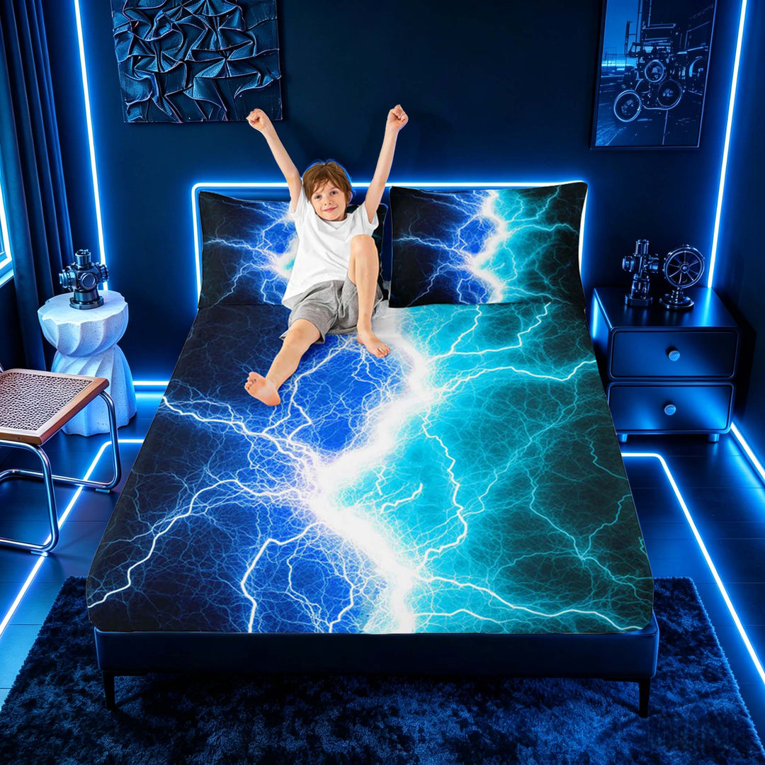 meiyoeat Neon Lightning Pattern Full Size Sheets for Boys, Electric Blue Teal Print Bed Sheets, 4pcs, 1 Flat Sheet, 1 Fitted Sheet and 2 Pillowcases