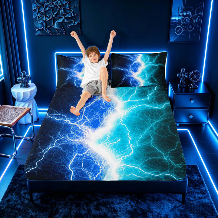 meiyoeat Neon Lightning Pattern Full Size Sheets for Boys, Electric Blue Teal Print Bed Sheets, 4pcs, 1 Flat Sheet, 1 Fitted Sheet and 2 Pillowcases