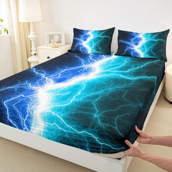 meiyoeat Neon Lightning Pattern Full Size Sheets for Boys, Electric Blue Teal Print Bed Sheets, 4pcs, 1 Flat Sheet, 1 Fitted Sheet and 2 Pillowcases