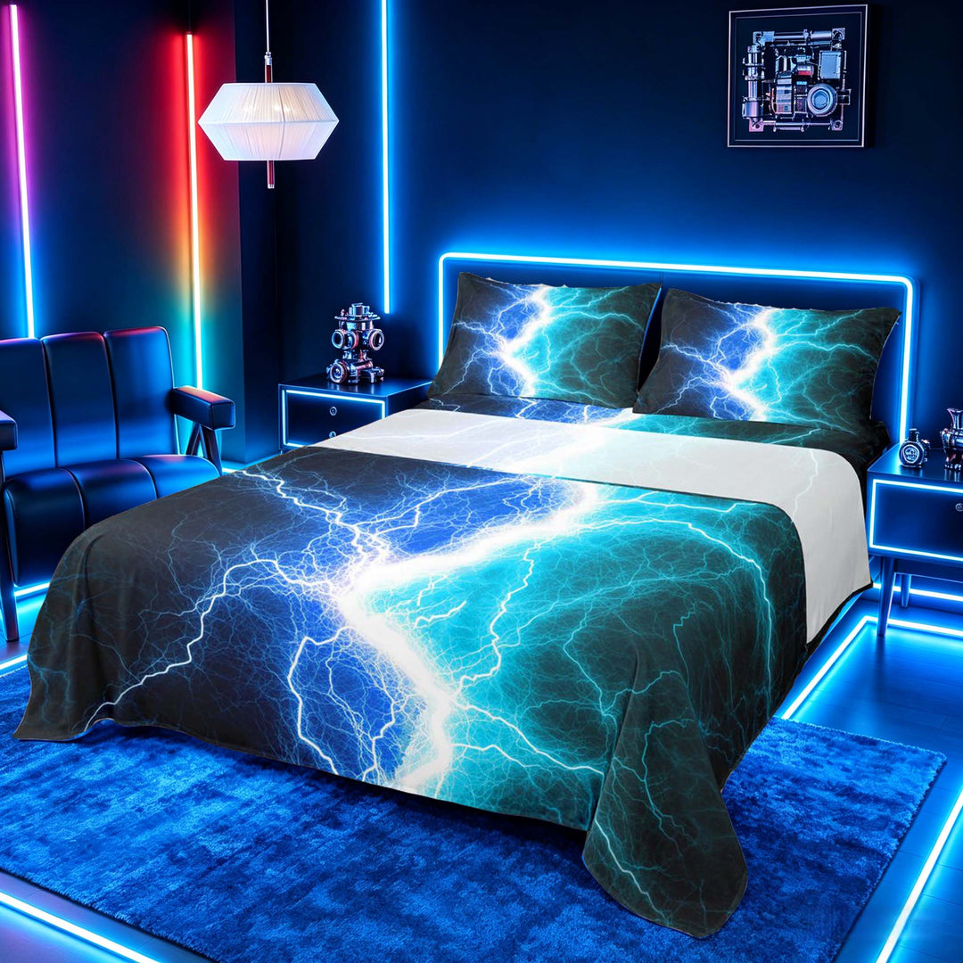 meiyoeat Neon Lightning Pattern Full Size Sheets for Boys, Electric Blue Teal Print Bed Sheets, 4pcs, 1 Flat Sheet, 1 Fitted Sheet and 2 Pillowcases