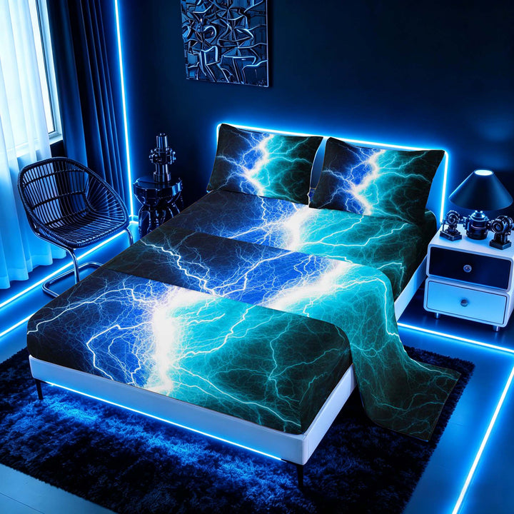 meiyoeat Neon Lightning Pattern Full Size Sheets for Boys, Electric Blue Teal Print Bed Sheets, 4pcs, 1 Flat Sheet, 1 Fitted Sheet and 2 Pillowcases