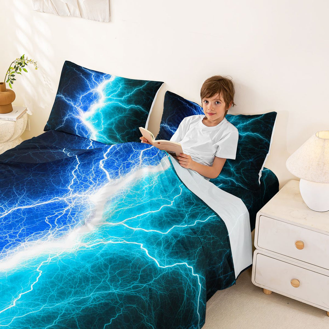 meiyoeat Neon Lightning Pattern Full Size Sheets for Boys, Electric Blue Teal Print Bed Sheets, 4pcs, 1 Flat Sheet, 1 Fitted Sheet and 2 Pillowcases