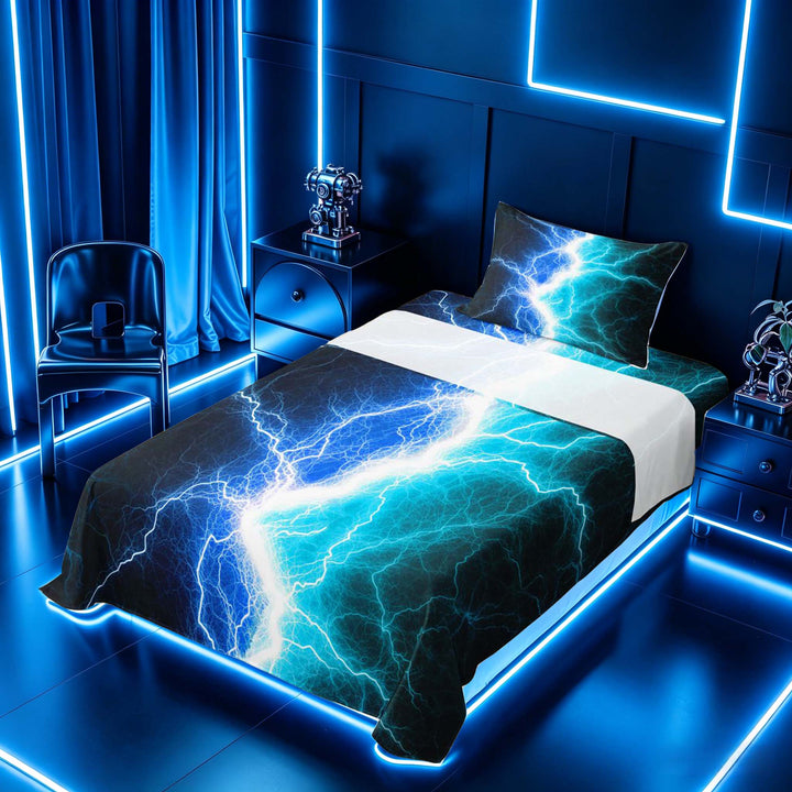 meiyoeat Neon Lightning Pattern Full Size Sheets for Boys, Electric Blue Teal Print Bed Sheets, 4pcs, 1 Flat Sheet, 1 Fitted Sheet and 2 Pillowcases
