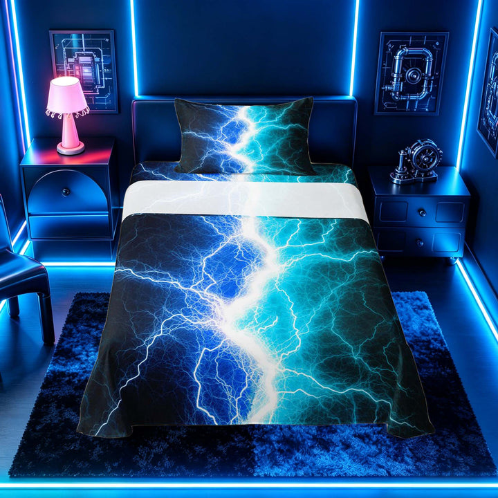 meiyoeat Neon Lightning Pattern Full Size Sheets for Boys, Electric Blue Teal Print Bed Sheets, 4pcs, 1 Flat Sheet, 1 Fitted Sheet and 2 Pillowcases