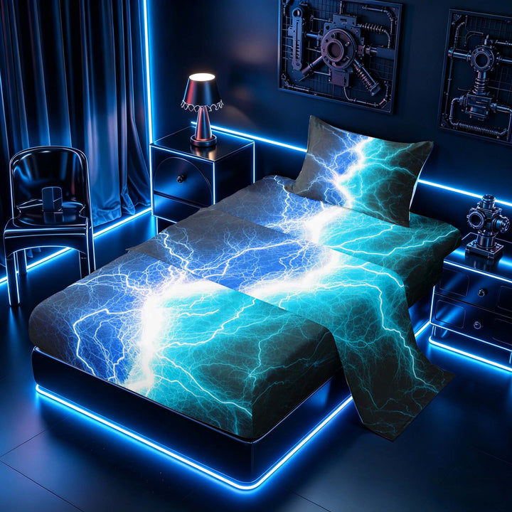 meiyoeat Neon Lightning Pattern Full Size Sheets for Boys, Electric Blue Teal Print Bed Sheets, 4pcs, 1 Flat Sheet, 1 Fitted Sheet and 2 Pillowcases