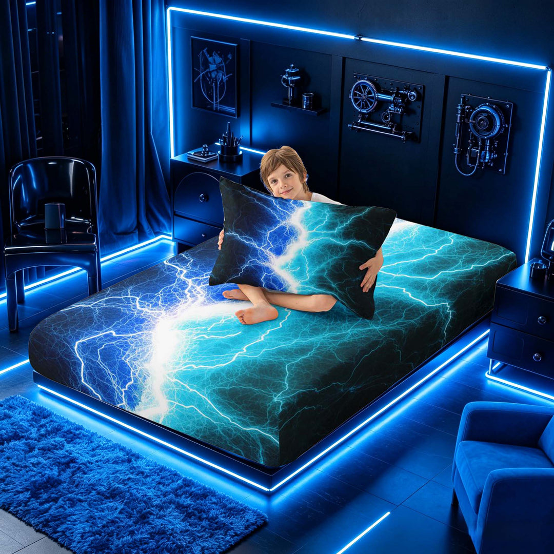 meiyoeat Neon Lightning Pattern Full Size Sheets for Boys, Electric Blue Teal Print Bed Sheets, 4pcs, 1 Flat Sheet, 1 Fitted Sheet and 2 Pillowcases
