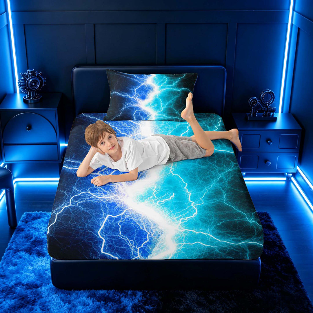 meiyoeat Neon Lightning Pattern Full Size Sheets for Boys, Electric Blue Teal Print Bed Sheets, 4pcs, 1 Flat Sheet, 1 Fitted Sheet and 2 Pillowcases