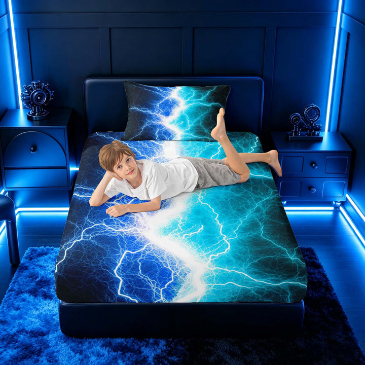 meiyoeat Neon Lightning Pattern Full Size Sheets for Boys, Electric Blue Teal Print Bed Sheets, 4pcs, 1 Flat Sheet, 1 Fitted Sheet and 2 Pillowcases