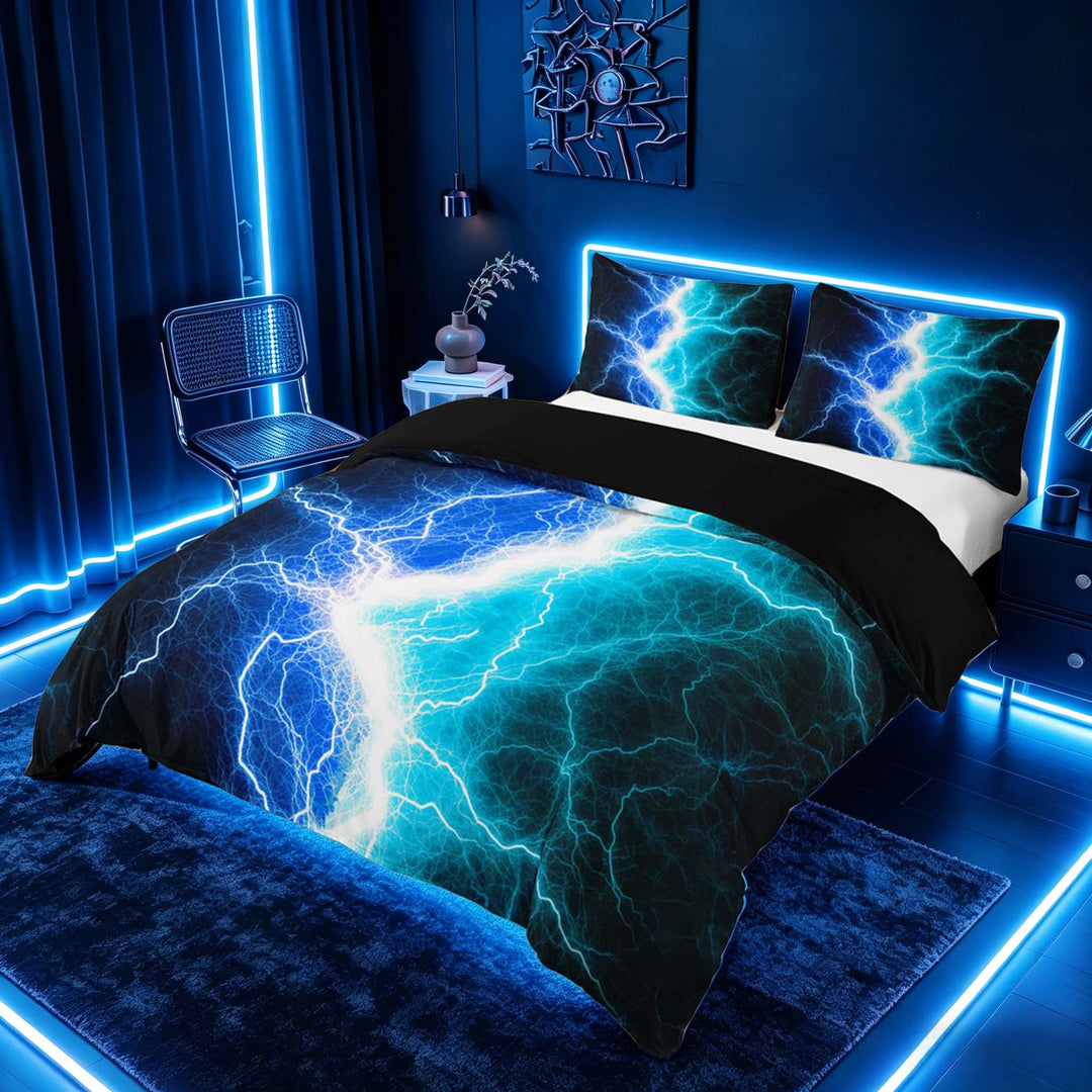 meiyoeat Neon Lightning Pattern Duvet Cover Set for Boys, Electric Blue Teal Print Bedding Full, Black Reversible 3pcs, 1 Duvet Cover and 2 Pillowcases