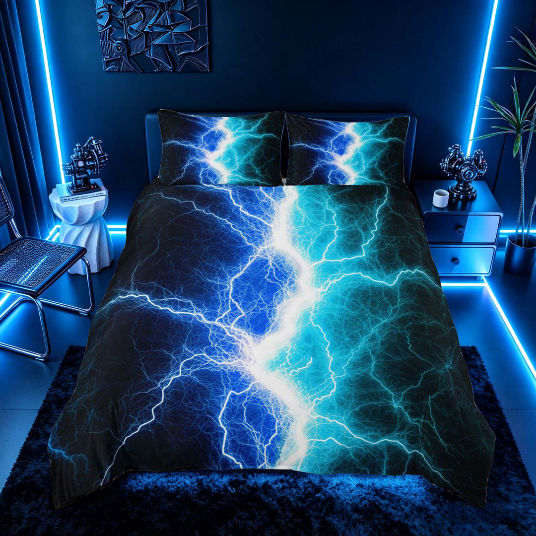 meiyoeat Neon Lightning Pattern Duvet Cover Set for Boys, Electric Blue Teal Print Bedding Full, Black Reversible 3pcs, 1 Duvet Cover and 2 Pillowcases