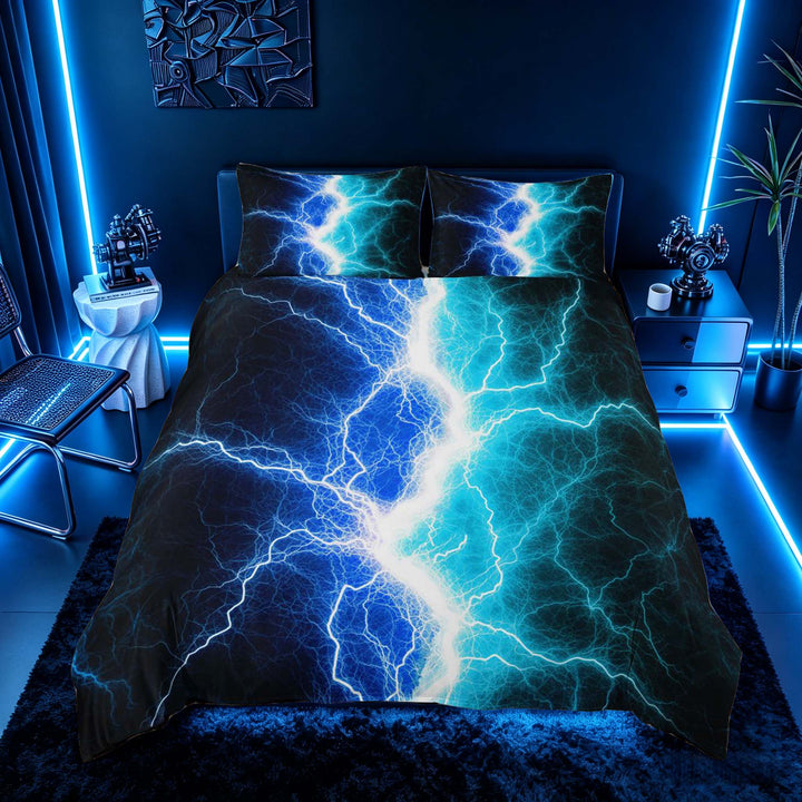 meiyoeat Neon Lightning Pattern Duvet Cover Set for Boys, Electric Blue Teal Print Bedding Full, Black Reversible 3pcs, 1 Duvet Cover and 2 Pillowcases