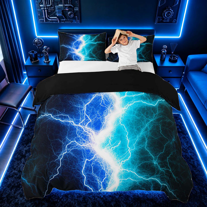 meiyoeat Neon Lightning Pattern Duvet Cover Set for Boys, Electric Blue Teal Print Bedding Full, Black Reversible 3pcs, 1 Duvet Cover and 2 Pillowcases