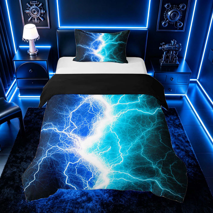 meiyoeat Neon Lightning Pattern Duvet Cover Set for Boys, Electric Blue Teal Print Bedding Full, Black Reversible 3pcs, 1 Duvet Cover and 2 Pillowcases