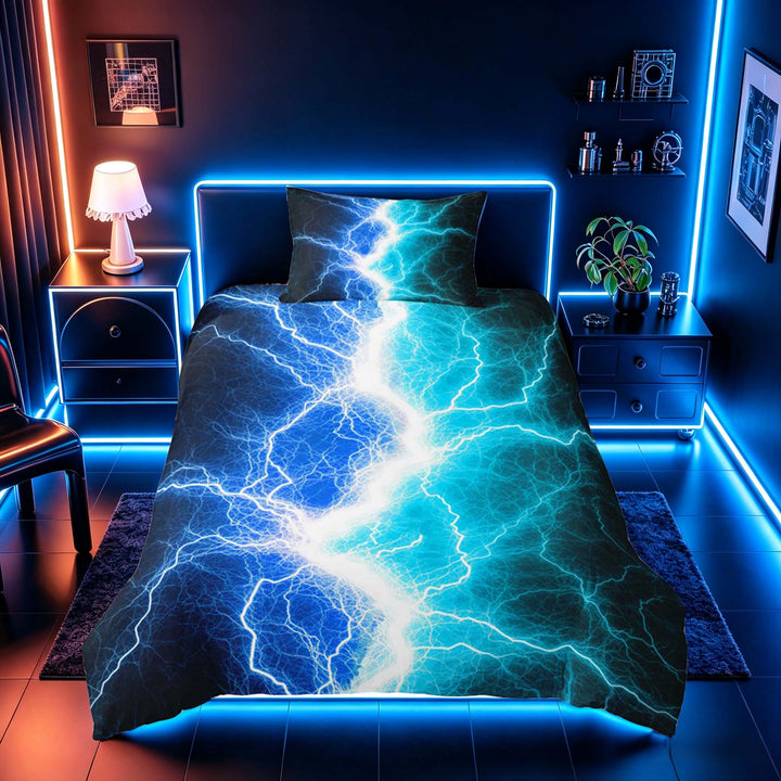 meiyoeat Neon Lightning Pattern Duvet Cover Set for Boys, Electric Blue Teal Print Bedding Full, Black Reversible 3pcs, 1 Duvet Cover and 2 Pillowcases