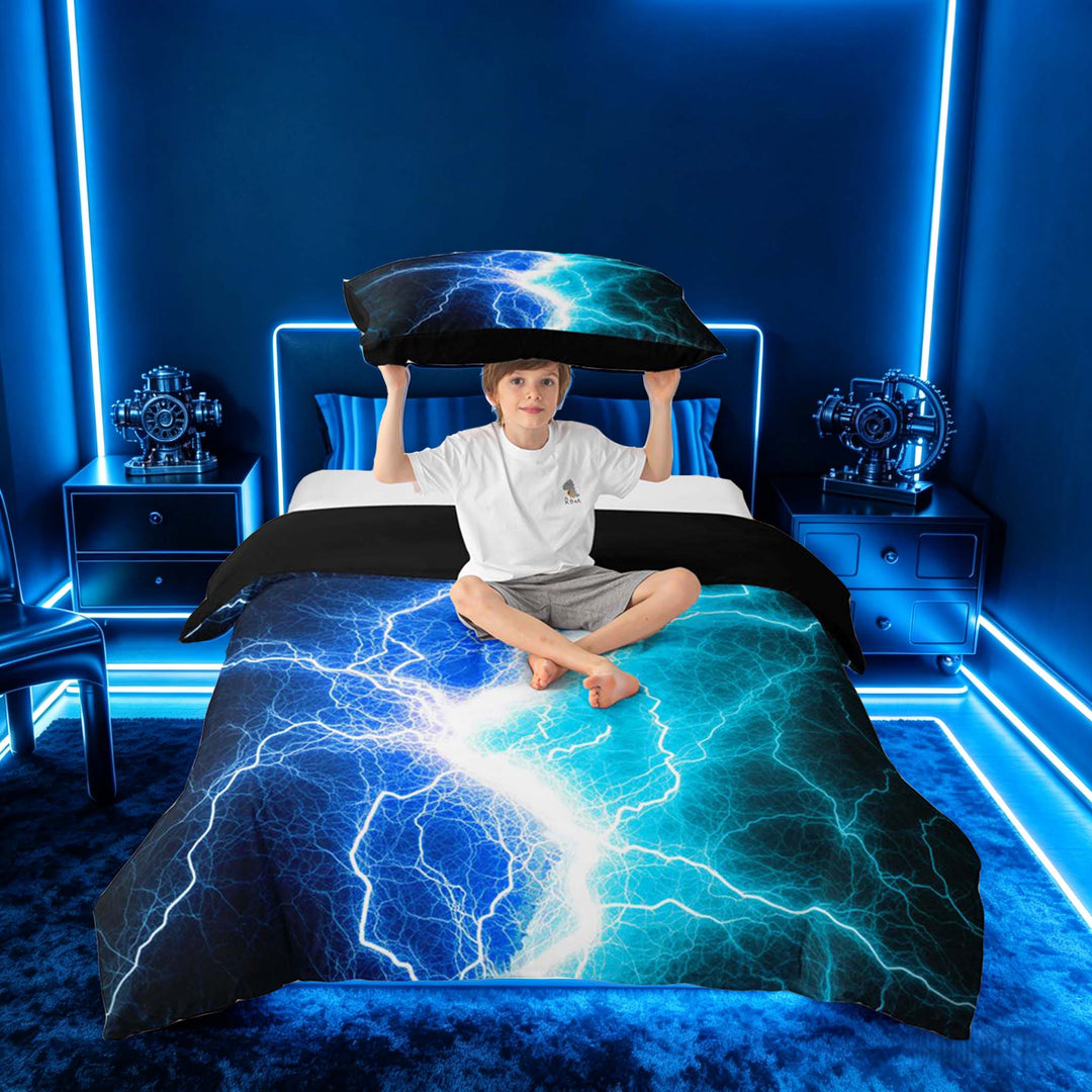 meiyoeat Neon Lightning Pattern Duvet Cover Set for Boys, Electric Blue Teal Print Bedding Full, Black Reversible 3pcs, 1 Duvet Cover and 2 Pillowcases