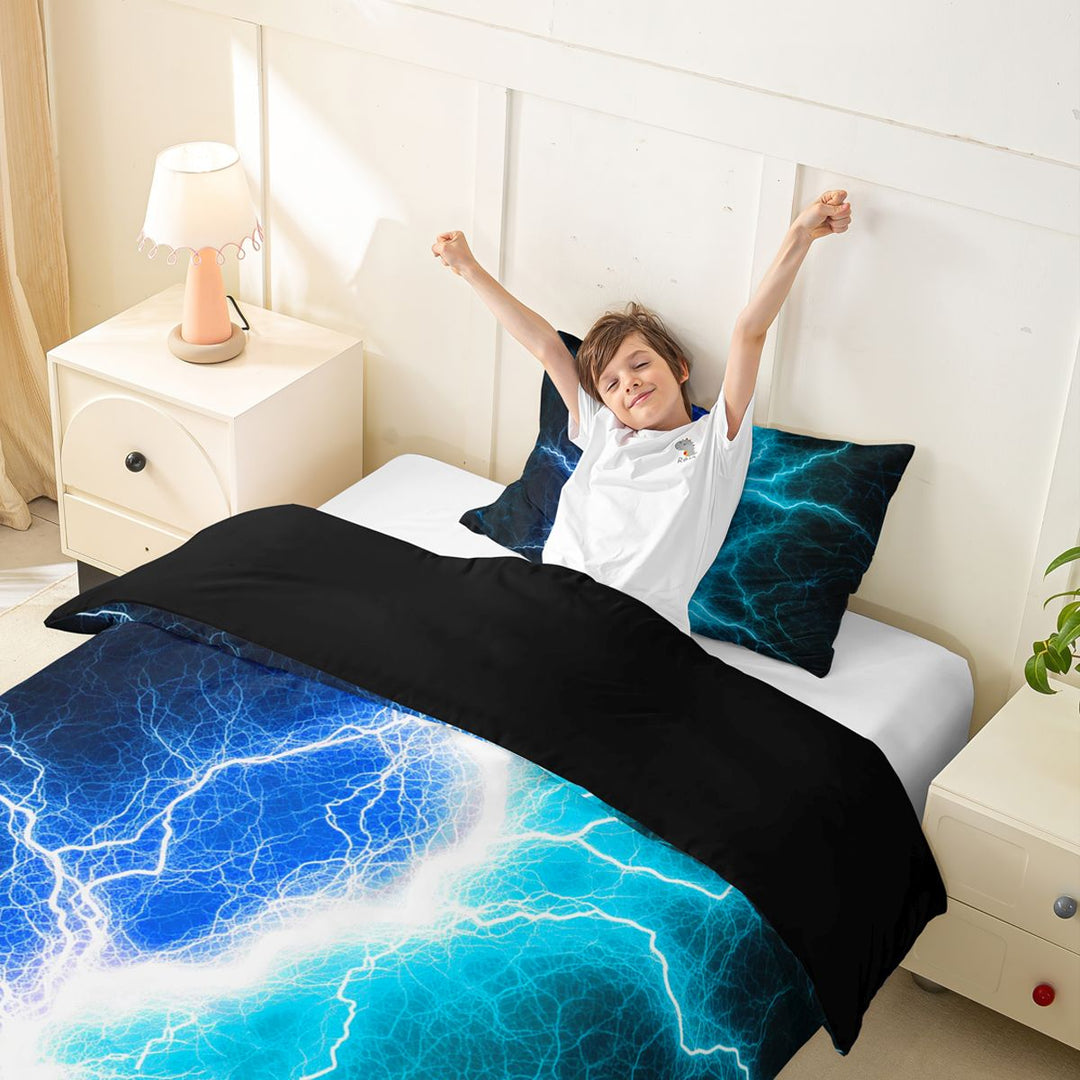 meiyoeat Neon Lightning Pattern Duvet Cover Set for Boys, Electric Blue Teal Print Bedding Full, Black Reversible 3pcs, 1 Duvet Cover and 2 Pillowcases