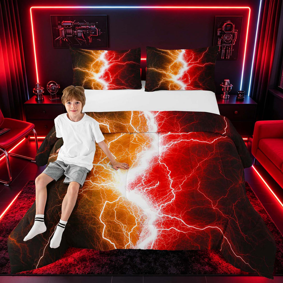 meiyoeat Neon Lightning Pattern Full Size Comforter Sets for Boys, Electric Orange Red Print Bedding Sets, Black Reversible 3 Pieces, 1 Comforter and 2 Pillowcases