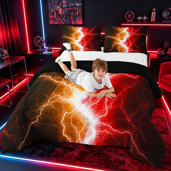 meiyoeat Neon Lightning Pattern Full Size Comforter Sets for Boys, Electric Orange Red Print Bedding Sets, Black Reversible 3 Pieces, 1 Comforter and 2 Pillowcases