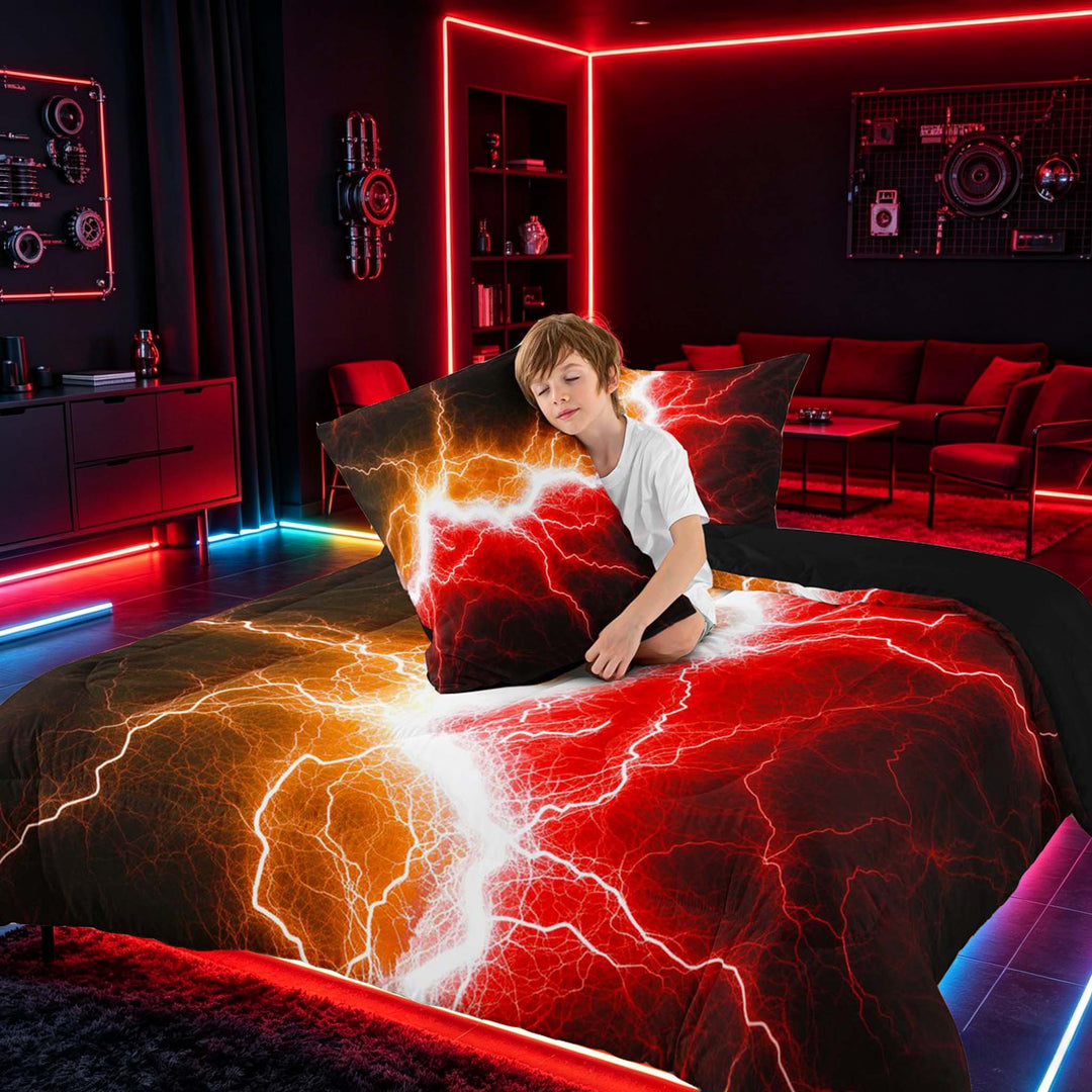 meiyoeat Neon Lightning Pattern Full Size Comforter Sets for Boys, Electric Orange Red Print Bedding Sets, Black Reversible 3 Pieces, 1 Comforter and 2 Pillowcases