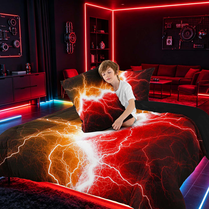meiyoeat Neon Lightning Pattern Full Size Comforter Sets for Boys, Electric Orange Red Print Bedding Sets, Black Reversible 3 Pieces, 1 Comforter and 2 Pillowcases