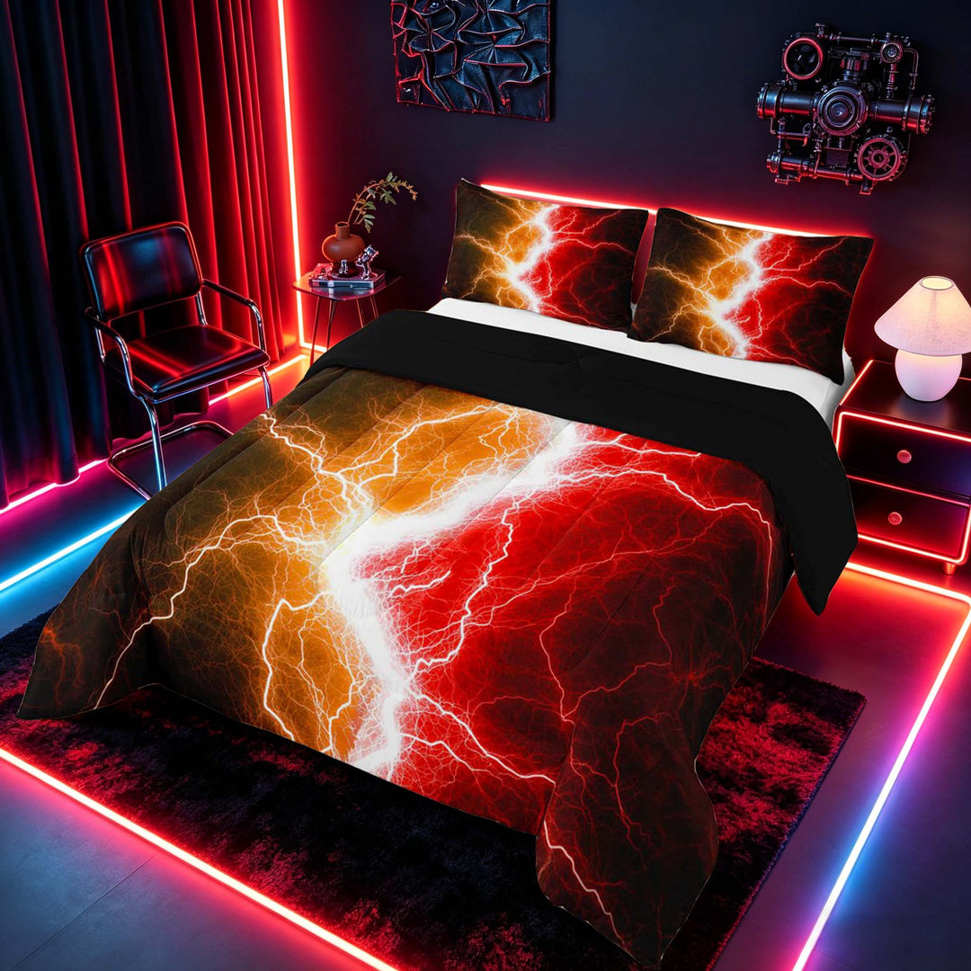 meiyoeat Neon Lightning Pattern Full Size Comforter Sets for Boys, Electric Orange Red Print Bedding Sets, Black Reversible 3 Pieces, 1 Comforter and 2 Pillowcases