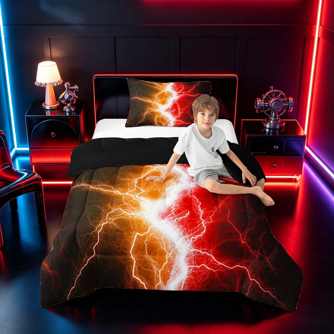 meiyoeat Neon Lightning Pattern Full Size Comforter Sets for Boys, Electric Orange Red Print Bedding Sets, Black Reversible 3 Pieces, 1 Comforter and 2 Pillowcases
