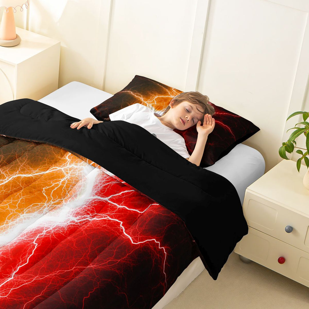 meiyoeat Neon Lightning Pattern Full Size Comforter Sets for Boys, Electric Orange Red Print Bedding Sets, Black Reversible 3 Pieces, 1 Comforter and 2 Pillowcases