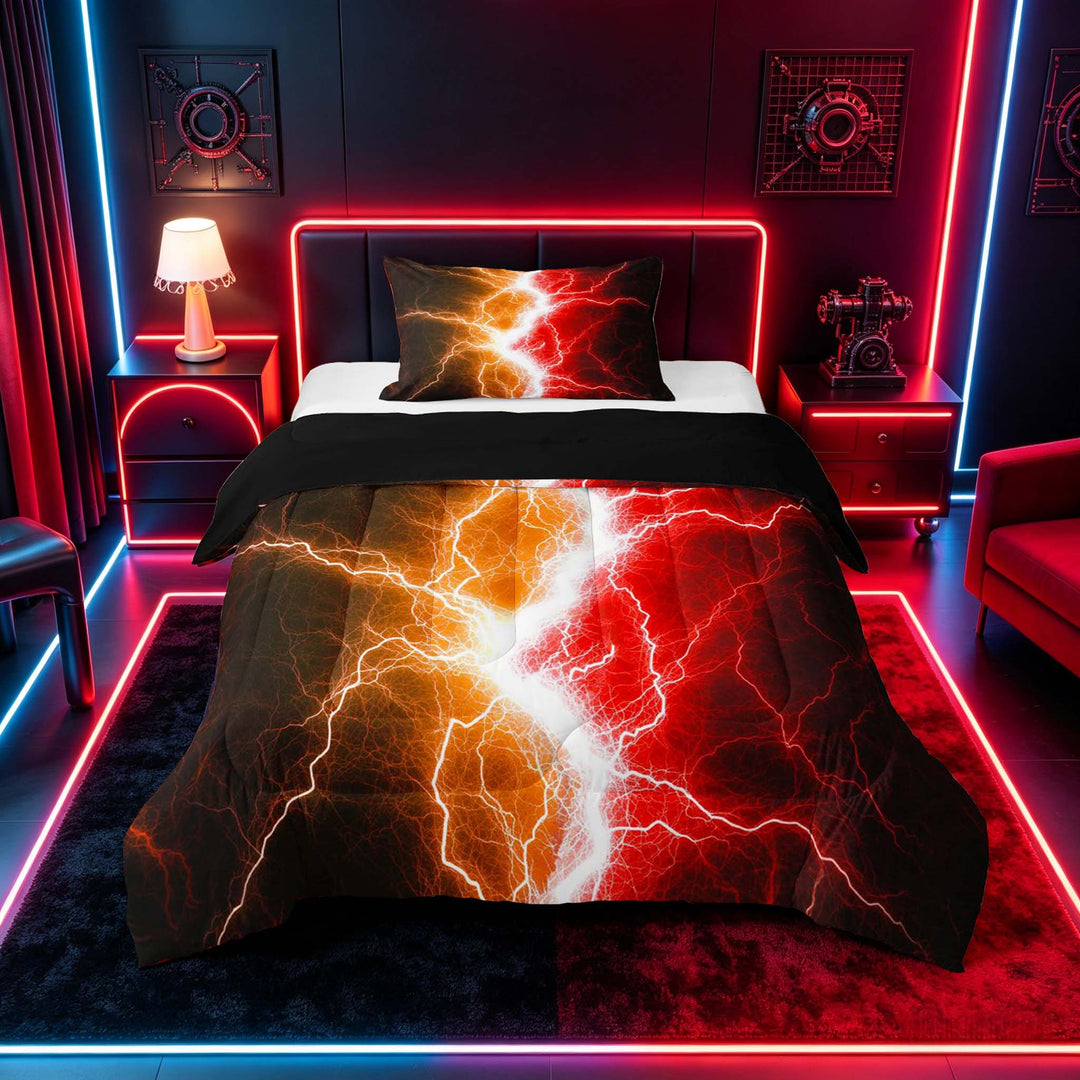 meiyoeat Neon Lightning Pattern Full Size Comforter Sets for Boys, Electric Orange Red Print Bedding Sets, Black Reversible 3 Pieces, 1 Comforter and 2 Pillowcases