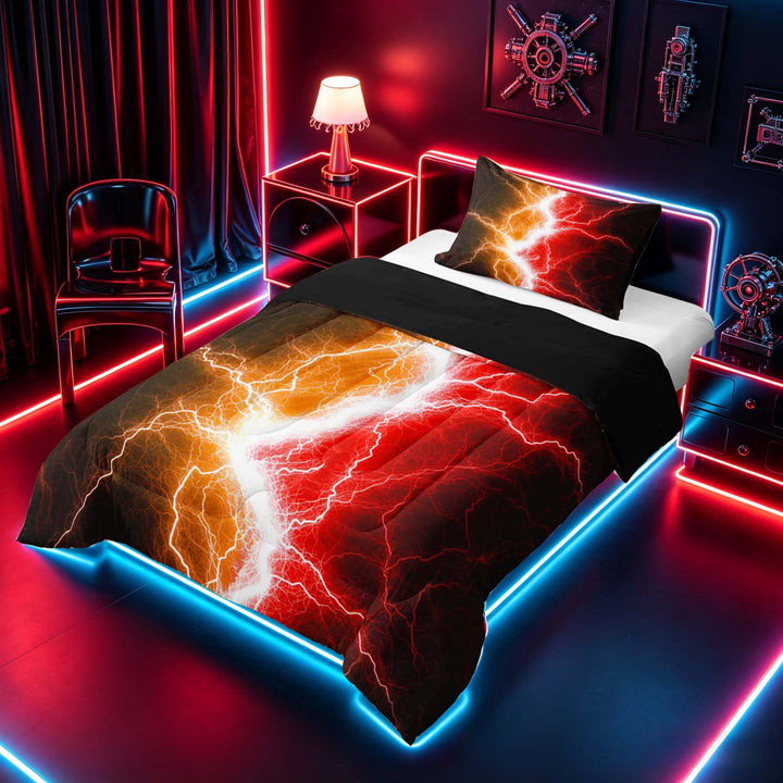 meiyoeat Neon Lightning Pattern Full Size Comforter Sets for Boys, Electric Orange Red Print Bedding Sets, Black Reversible 3 Pieces, 1 Comforter and 2 Pillowcases