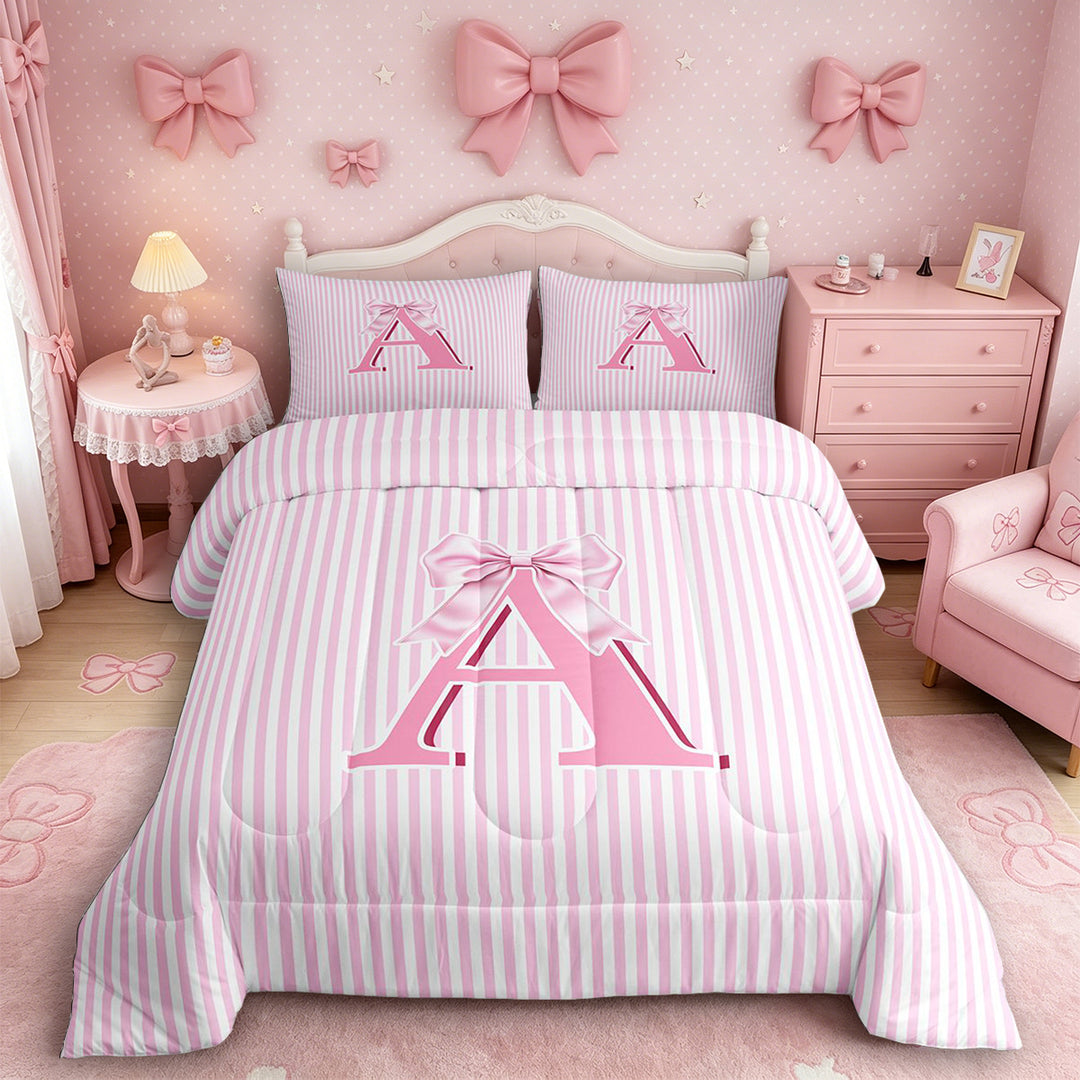 Meiyoeat Sweet Bow Letter A Full Size Comforter Sets 3 Pieces for Girls Kids, Cute Stripe Bedding Sets for Nursery, Light Pink White,Pink Reversible