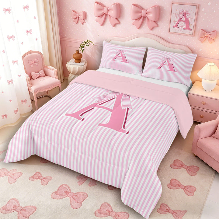 Meiyoeat Sweet Bow Letter A Full Size Comforter Sets 3 Pieces for Girls Kids, Cute Stripe Bedding Sets for Nursery, Light Pink White,Pink Reversible