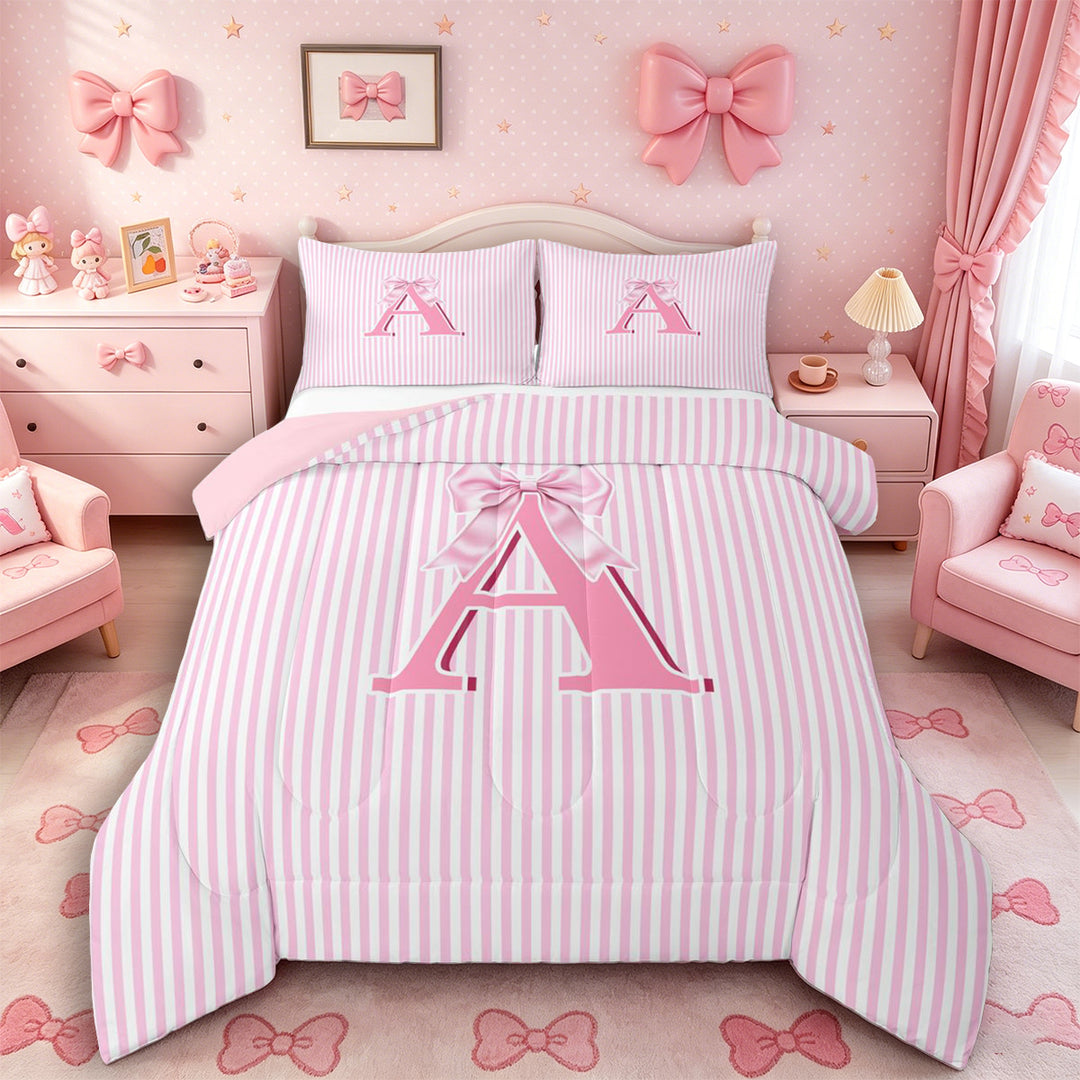 Meiyoeat Sweet Bow Letter A Full Size Comforter Sets 3 Pieces for Girls Kids, Cute Stripe Bedding Sets for Nursery, Light Pink White,Pink Reversible