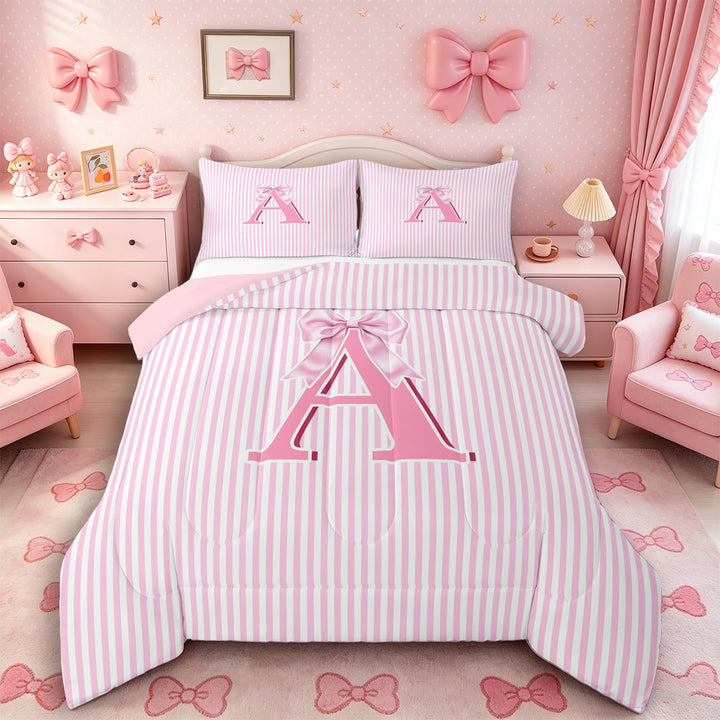 Meiyoeat Sweet Bow Letter A Full Size Comforter Sets 3 Pieces for Girls Kids, Cute Stripe Bedding Sets for Nursery, Light Pink White,Pink Reversible