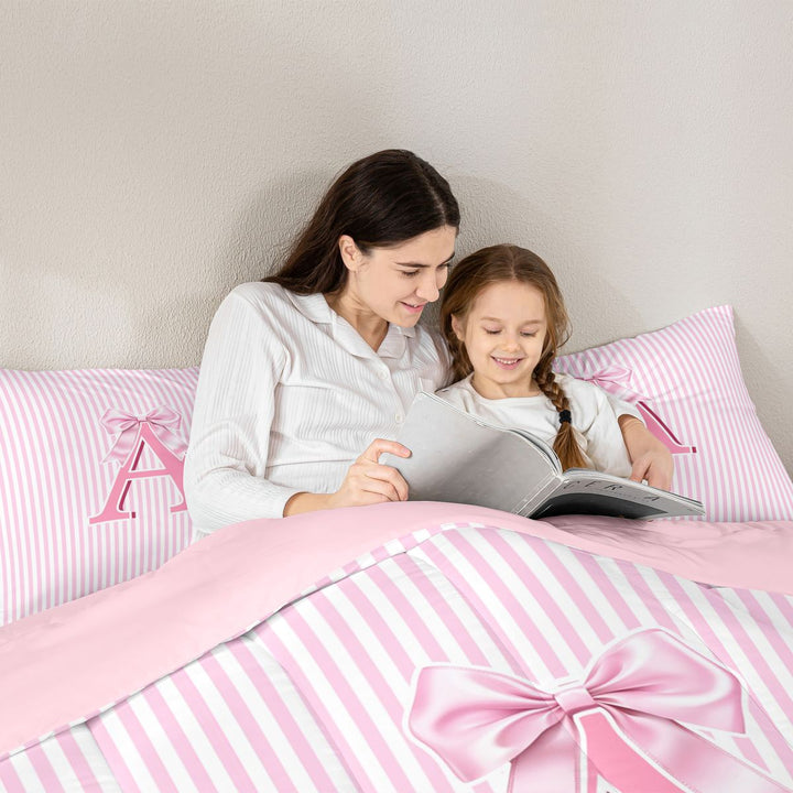Meiyoeat Sweet Bow Letter A Full Size Comforter Sets 3 Pieces for Girls Kids, Cute Stripe Bedding Sets for Nursery, Light Pink White,Pink Reversible