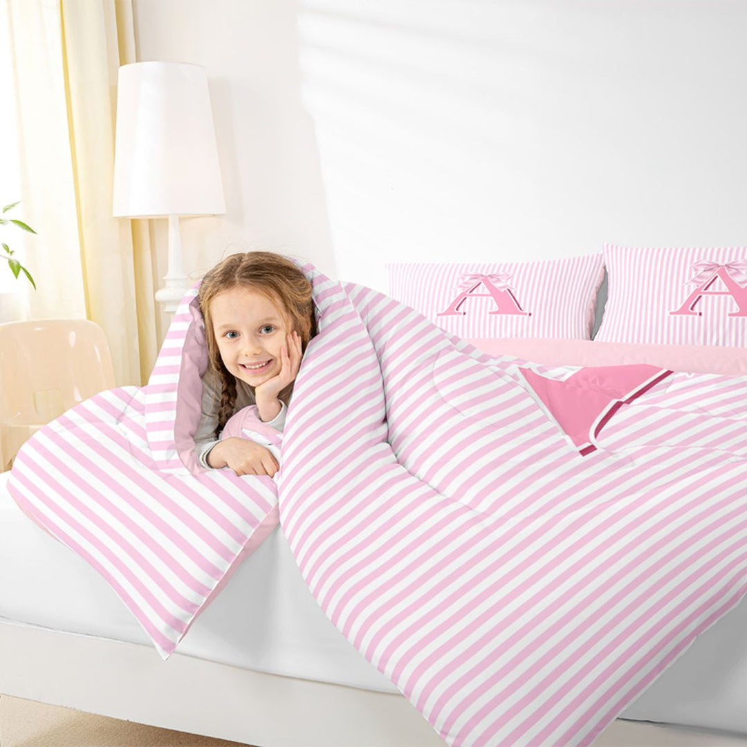 Meiyoeat Sweet Bow Letter A Full Size Comforter Sets 3 Pieces for Girls Kids, Cute Stripe Bedding Sets for Nursery, Light Pink White,Pink Reversible