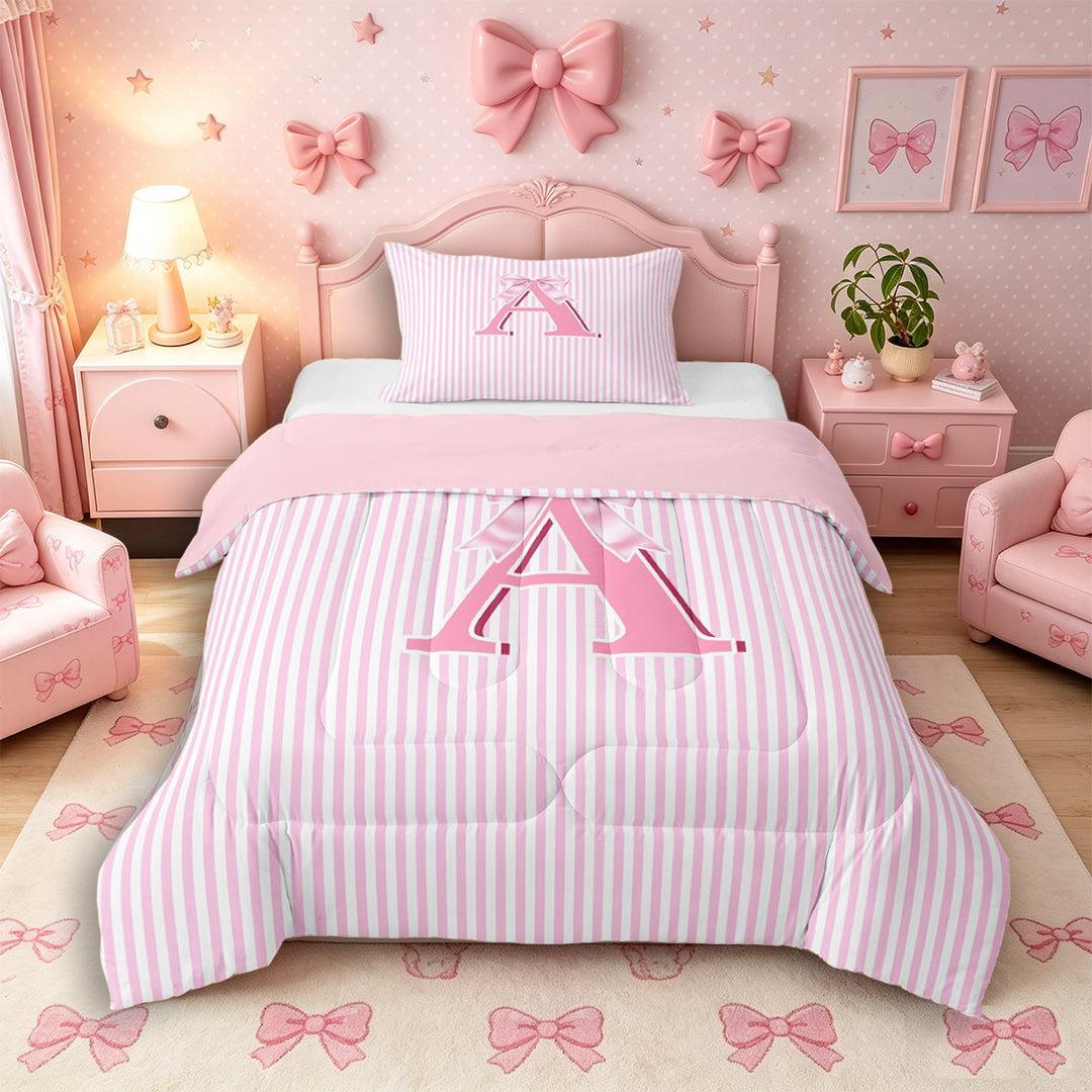 Meiyoeat Sweet Bow Letter A Full Size Comforter Sets 3 Pieces for Girls Kids, Cute Stripe Bedding Sets for Nursery, Light Pink White,Pink Reversible
