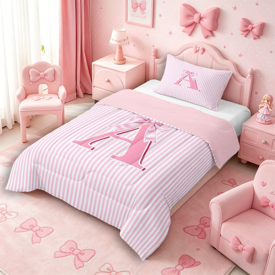 Meiyoeat Sweet Bow Letter A Full Size Comforter Sets 3 Pieces for Girls Kids, Cute Stripe Bedding Sets for Nursery, Light Pink White,Pink Reversible