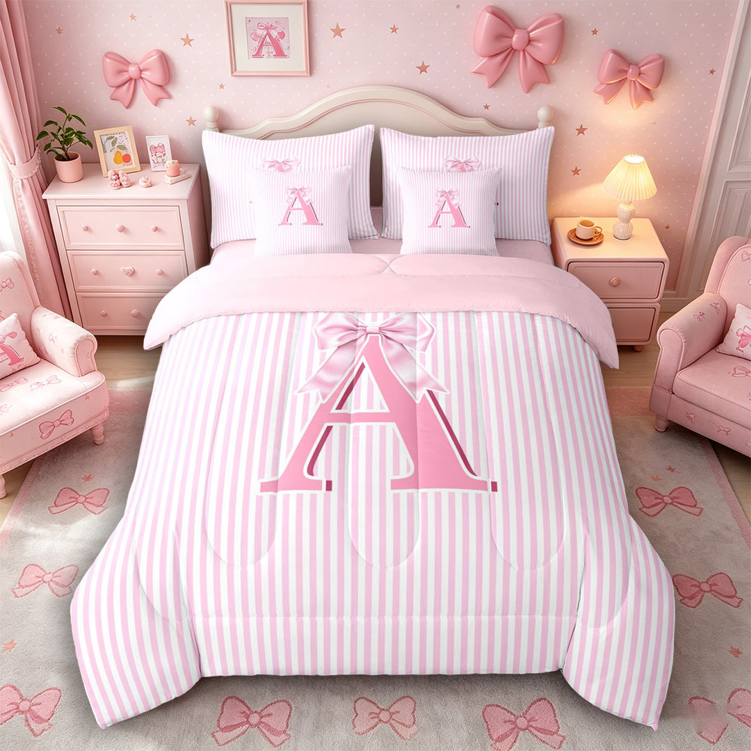 Meiyoeat Sweet Bow Letter A Bedding Comforter Set 7 Pieces for Girls Kids, Cute Stripe Full Bedding Set for Nursery, Light Pink White,Pink Reversible