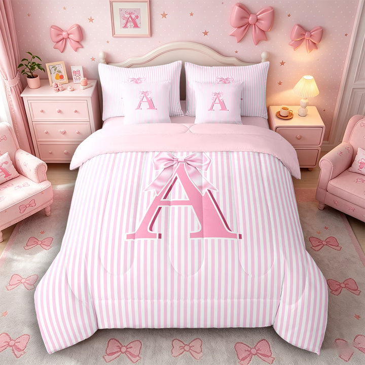 Meiyoeat Sweet Bow Letter A Bedding Comforter Set 7 Pieces for Girls Kids, Cute Stripe Full Bedding Set for Nursery, Light Pink White,Pink Reversible