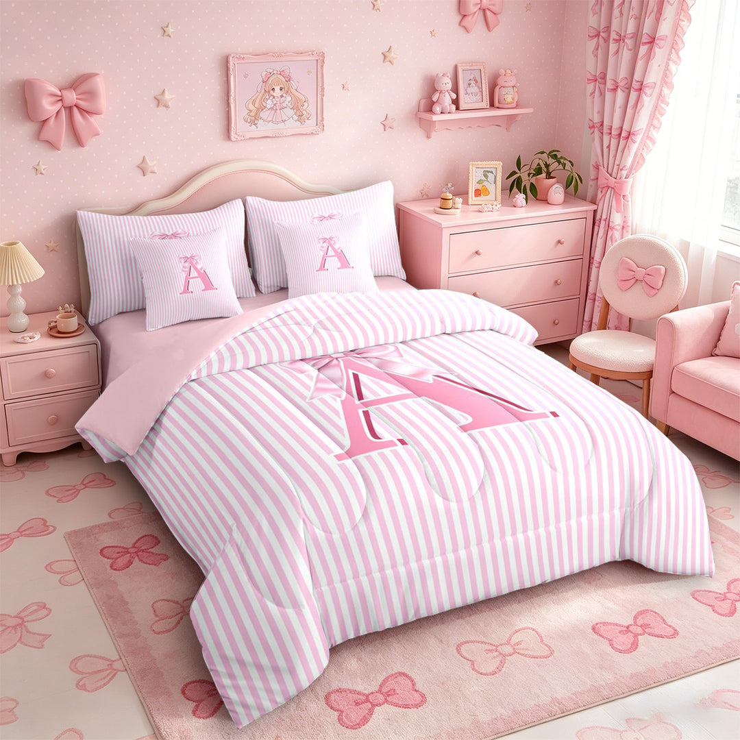 Meiyoeat Sweet Bow Letter A Bedding Comforter Set 7 Pieces for Girls Kids, Cute Stripe Full Bedding Set for Nursery, Light Pink White,Pink Reversible