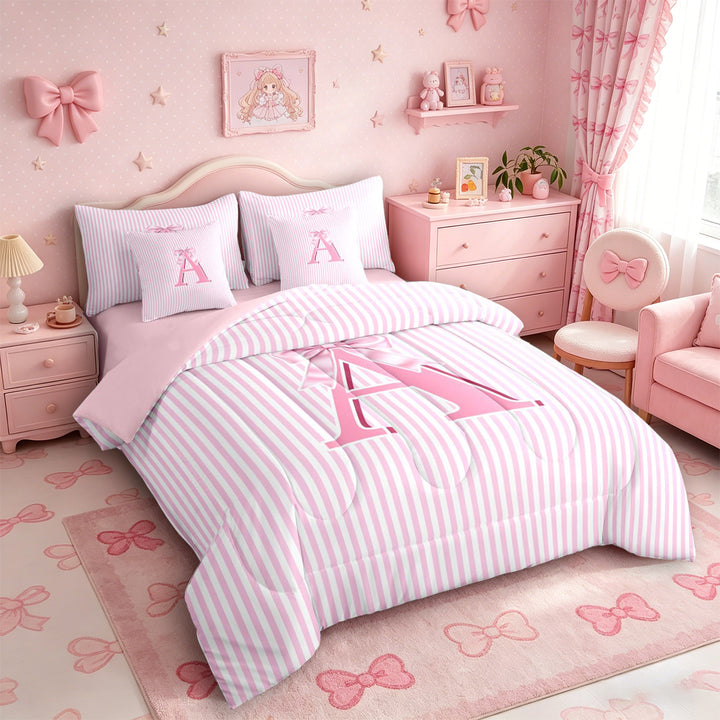Meiyoeat Sweet Bow Letter A Bedding Comforter Set 7 Pieces for Girls Kids, Cute Stripe Full Bedding Set for Nursery, Light Pink White,Pink Reversible