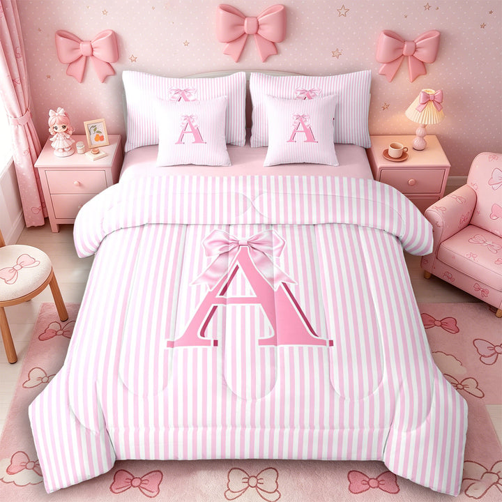 Meiyoeat Sweet Bow Letter A Bedding Comforter Set 7 Pieces for Girls Kids, Cute Stripe Full Bedding Set for Nursery, Light Pink White,Pink Reversible
