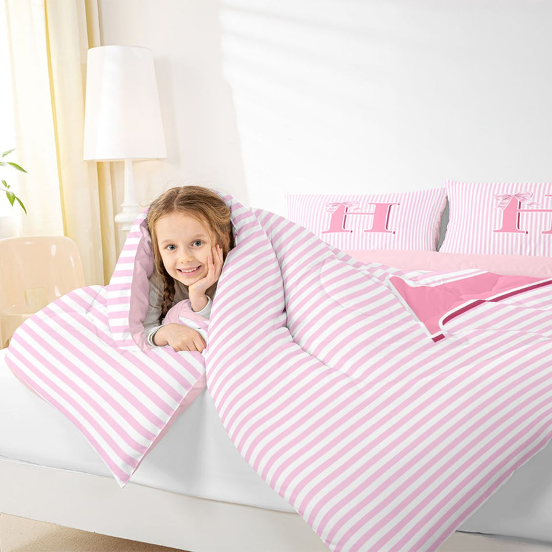 Meiyoeat Lovely Bow Letter H Bedding Comforter Set 7 Pieces for Girls Adults, Gentle Stripe Full Bedding Set for Decor, Light Pink White,Pink Reversible