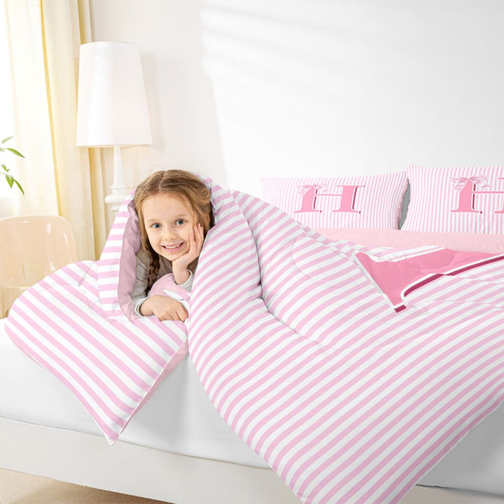 Meiyoeat Lovely Bow Letter H Bedding Comforter Set 7 Pieces for Girls Adults, Gentle Stripe Full Bedding Set for Decor, Light Pink White,Pink Reversible